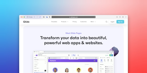 A promotional webpage highlighting Glide Pages, showing a browser displaying the message about transforming data into beautiful web apps and websites. The background features a gradient from blue to red, and there's a web interface preview with user profiles displayed as circular images.