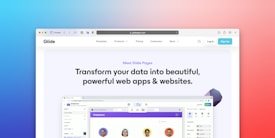 A promotional webpage highlighting Glide Pages, showing a browser displaying the message about transforming data into beautiful web apps and websites. The background features a gradient from blue to red, and there's a web interface preview with user profiles displayed as circular images.