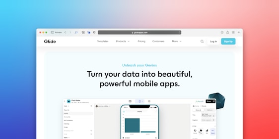 A web page featuring a promotional message about creating mobile apps from data. The headline text emphasizes transforming data into beautiful, powerful mobile applications. Below the headline, there is an image of a smartphone interface displaying app previews with a toolbar and menu options. The user interface is sleek and modern with a soft pastel background gradient.