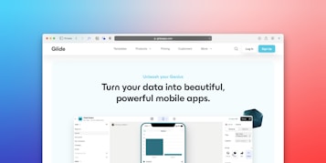 A web page featuring a promotional message about creating mobile apps from data. The headline text emphasizes transforming data into beautiful, powerful mobile applications. Below the headline, there is an image of a smartphone interface displaying app previews with a toolbar and menu options. The user interface is sleek and modern with a soft pastel background gradient.