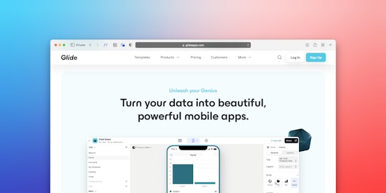 A web page featuring a promotional message about creating mobile apps from data. The headline text emphasizes transforming data into beautiful, powerful mobile applications. Below the headline, there is an image of a smartphone interface displaying app previews with a toolbar and menu options. The user interface is sleek and modern with a soft pastel background gradient.