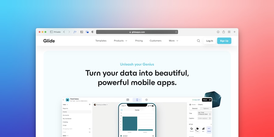 A web page featuring a promotional message about creating mobile apps from data. The headline text emphasizes transforming data into beautiful, powerful mobile applications. Below the headline, there is an image of a smartphone interface displaying app previews with a toolbar and menu options. The user interface is sleek and modern with a soft pastel background gradient.
