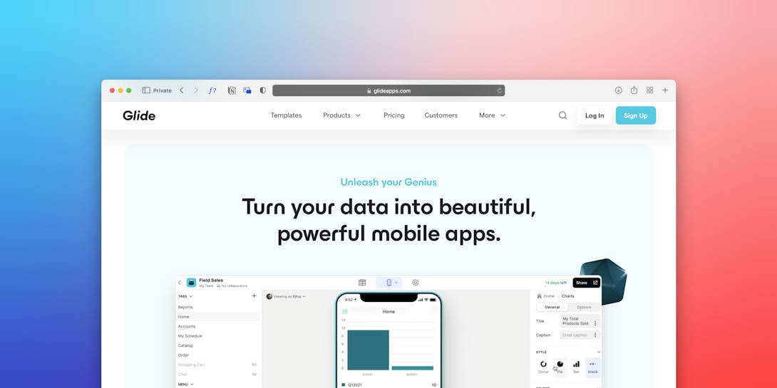 A web page featuring a promotional message about creating mobile apps from data. The headline text emphasizes transforming data into beautiful, powerful mobile applications. Below the headline, there is an image of a smartphone interface displaying app previews with a toolbar and menu options. The user interface is sleek and modern with a soft pastel background gradient.