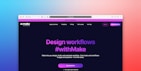 A web page screenshot displaying a user interface with a dark background and purple and white text. The main heading reads 'Design workflows #withMake' and offers services related to designing, building, and automating workflows. The interface includes navigation options such as Apps & services, Templates, and Pricing.