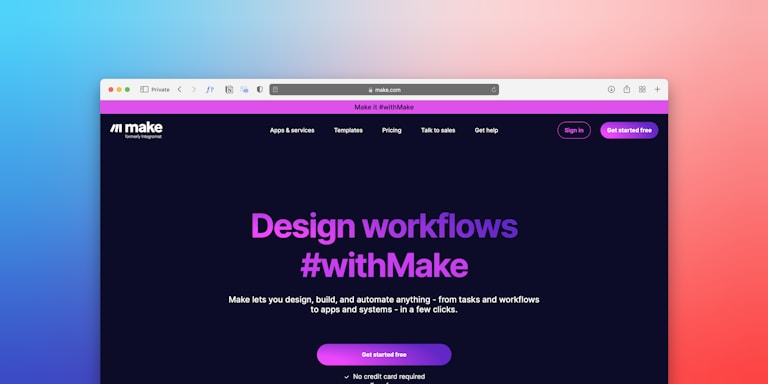 A web page screenshot displaying a user interface with a dark background and purple and white text. The main heading reads 'Design workflows #withMake' and offers services related to designing, building, and automating workflows. The interface includes navigation options such as Apps & services, Templates, and Pricing.