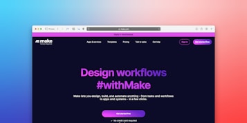 A web page screenshot displaying a user interface with a dark background and purple and white text. The main heading reads 'Design workflows #withMake' and offers services related to designing, building, and automating workflows. The interface includes navigation options such as Apps & services, Templates, and Pricing.