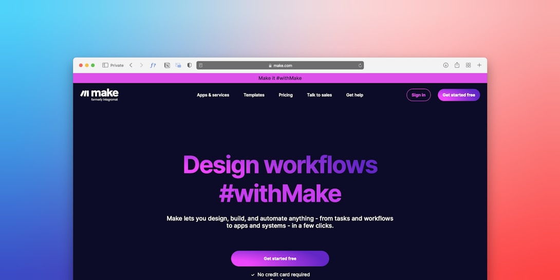A web page screenshot displaying a user interface with a dark background and purple and white text. The main heading reads 'Design workflows #withMake' and offers services related to designing, building, and automating workflows. The interface includes navigation options such as Apps & services, Templates, and Pricing.