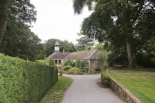 Spacious large cottage exterior surrounded by lush greenery and a stone pathway.