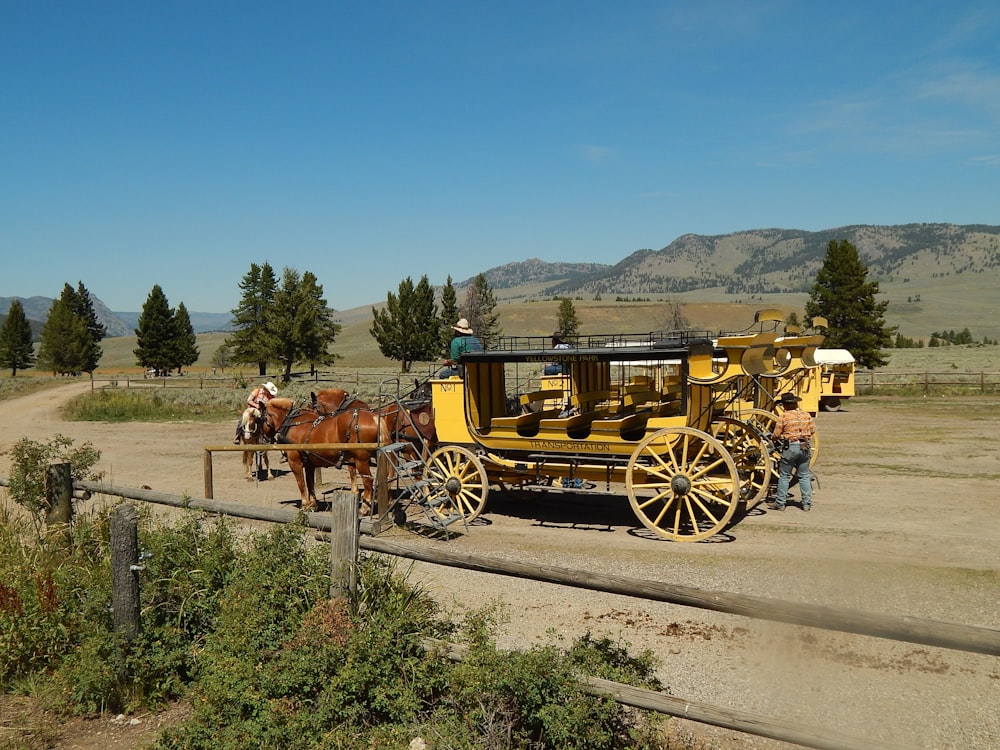 a horse drawn carriage on a dirt road