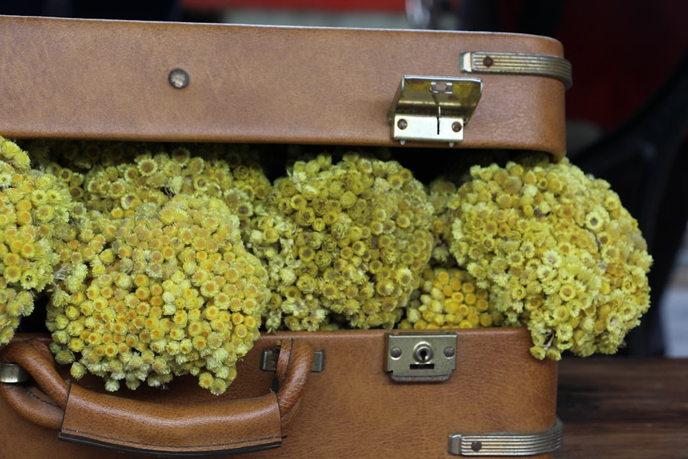 a piece of luggage filled with yellow flowers