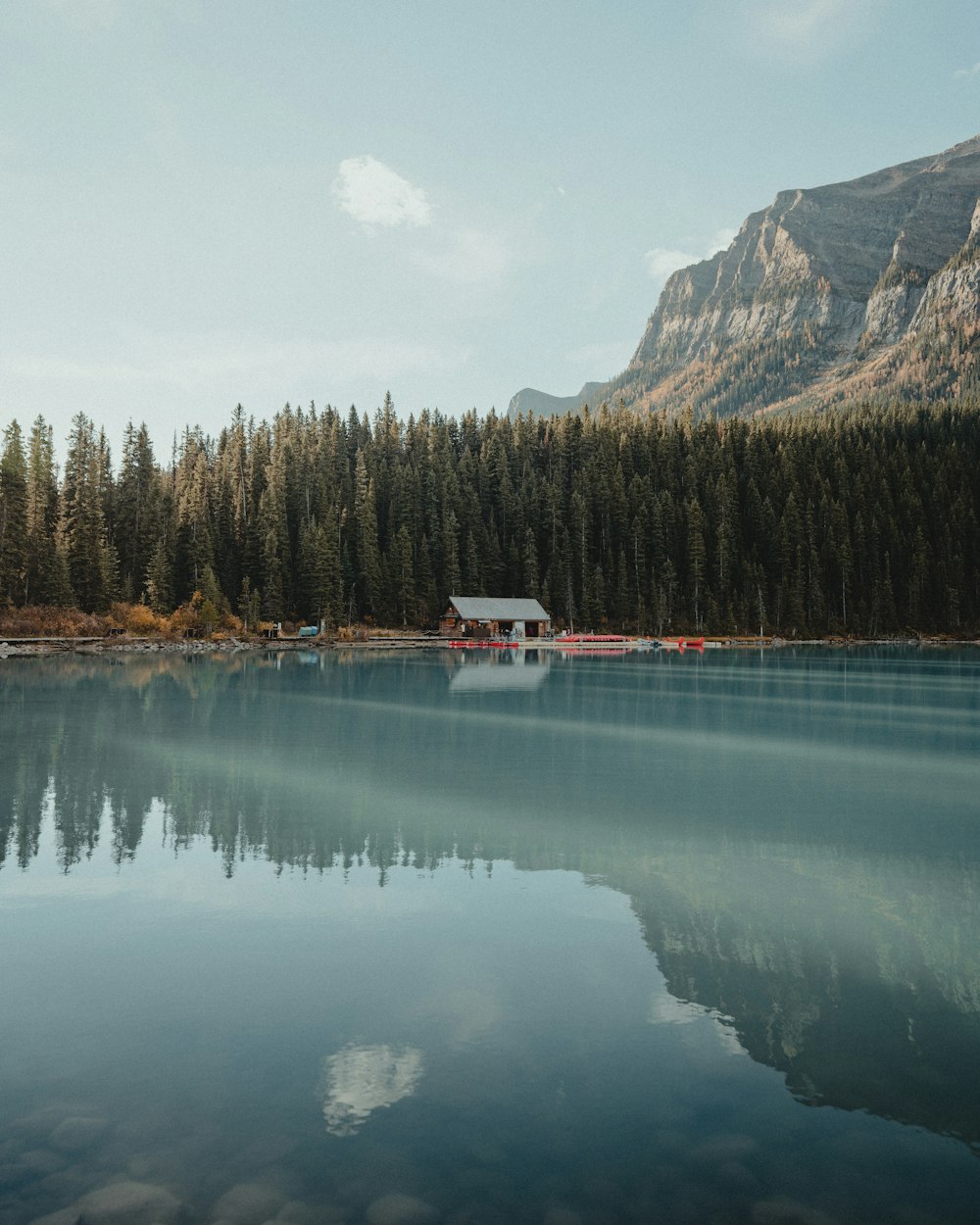 a lake surrounded by trees and mountains