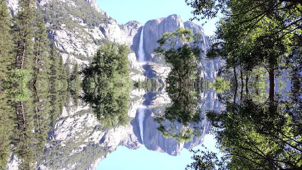 a view of a mountain with trees and a lake