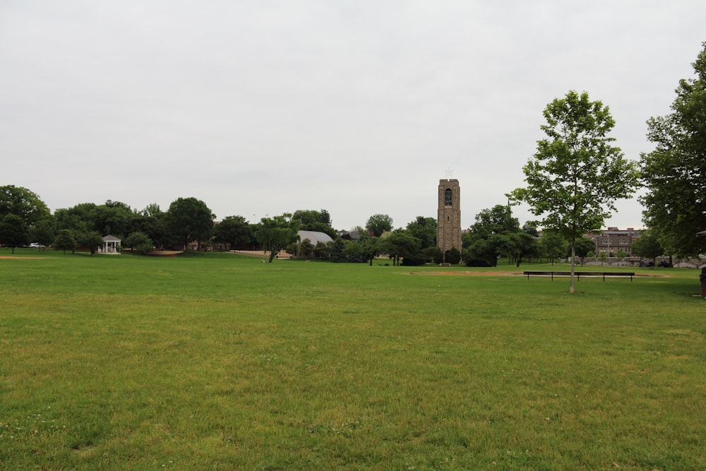 a grassy field with a clock tower in the background