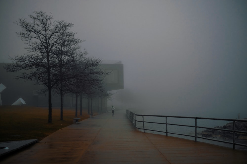 a person walking down a sidewalk in the fog