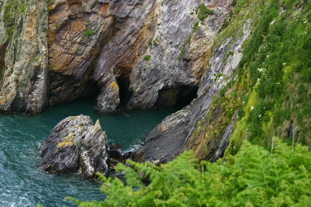 a body of water surrounded by rocks and greenery