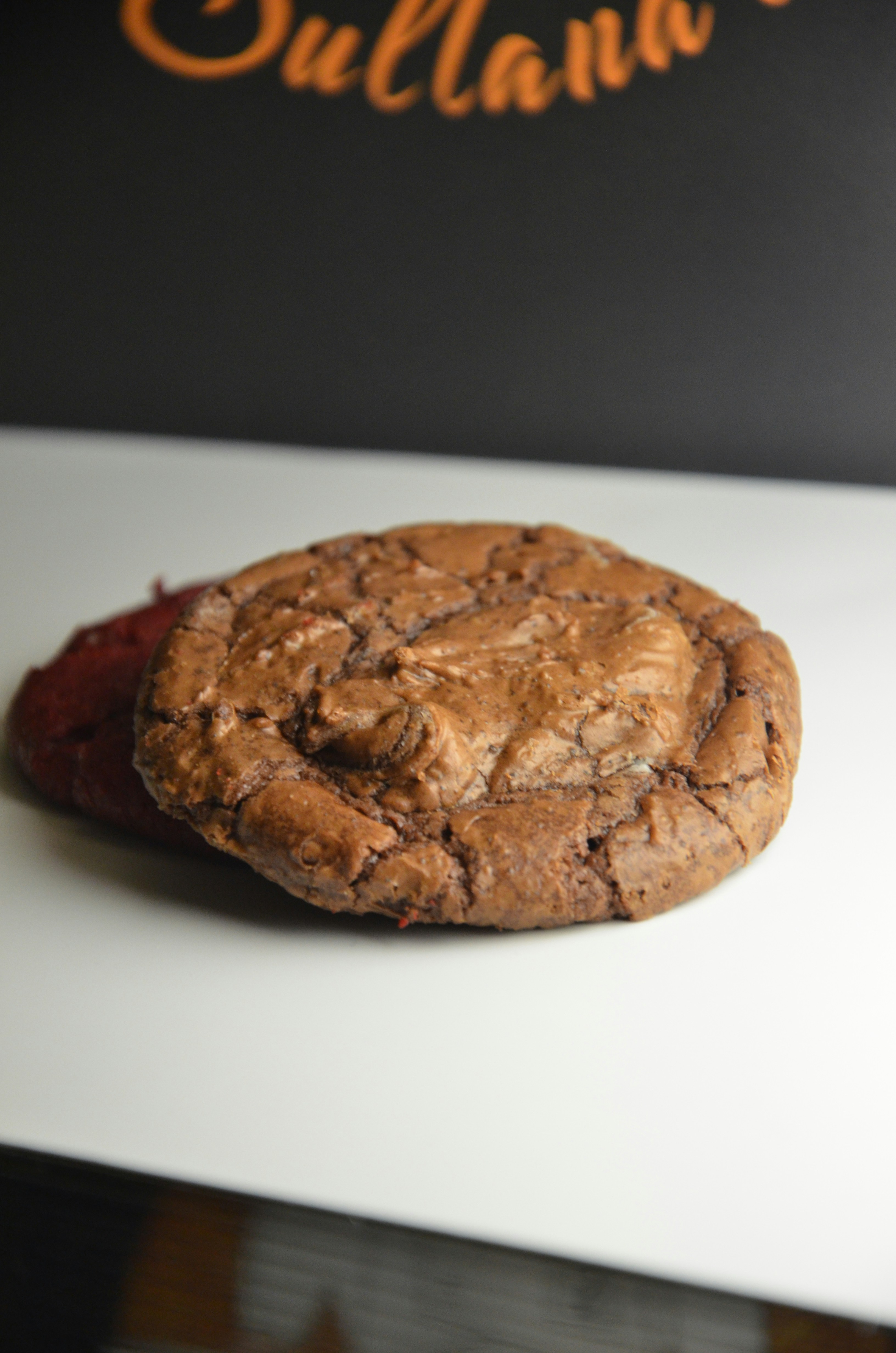 a close up of a cookie on a table