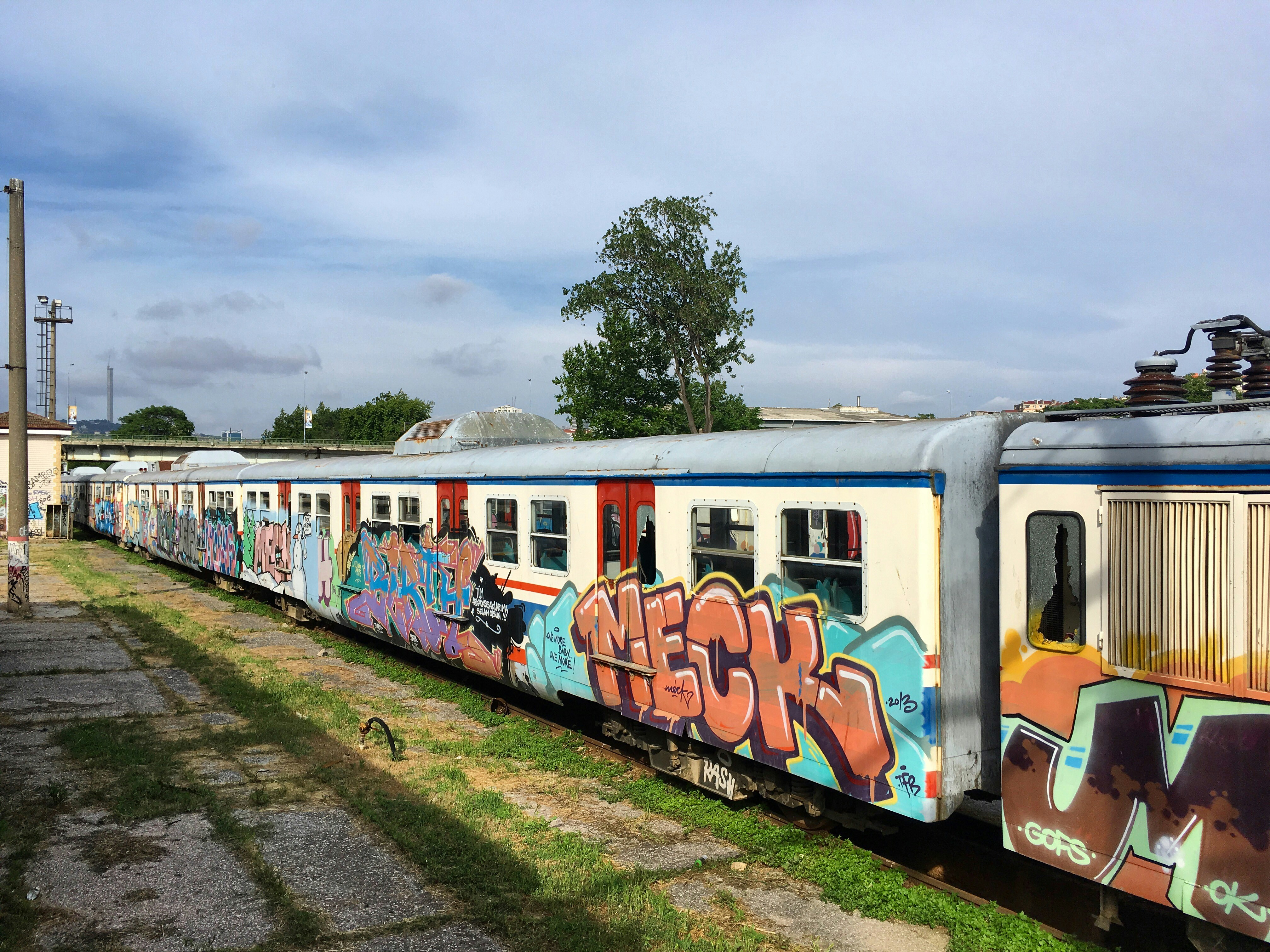 a train with graffiti painted on the side of it