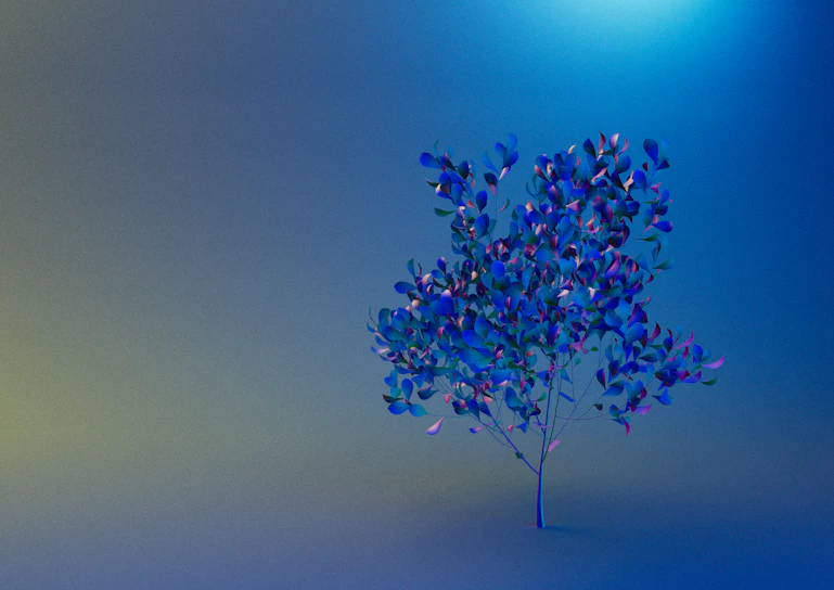 A serene close-up of a Tree of Life symbol intertwined with gentle blue and green hues, casting soft shadows on a light gray background.