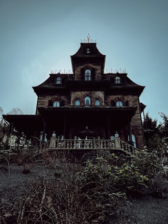 A large, old, and ominous-looking mansion stands against a gloomy sky. The architectural style is Victorian, with intricate detailing and a dark, weathered exterior. The foreground shows overgrown vegetation and an aging stone balustrade leading up to the entrance of the house.