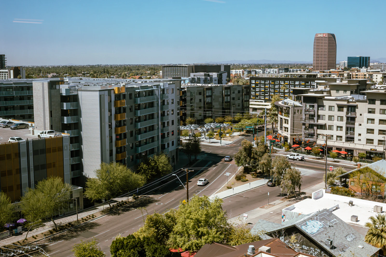 Downtown Phoenix streetscape with a view of tall buildings