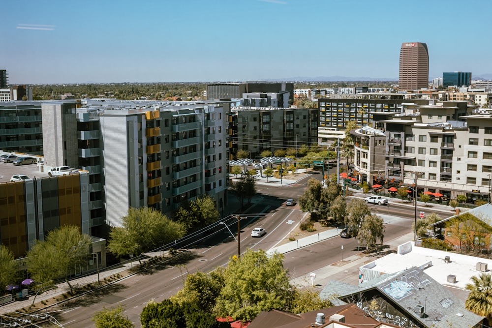 a view of a city with tall buildings