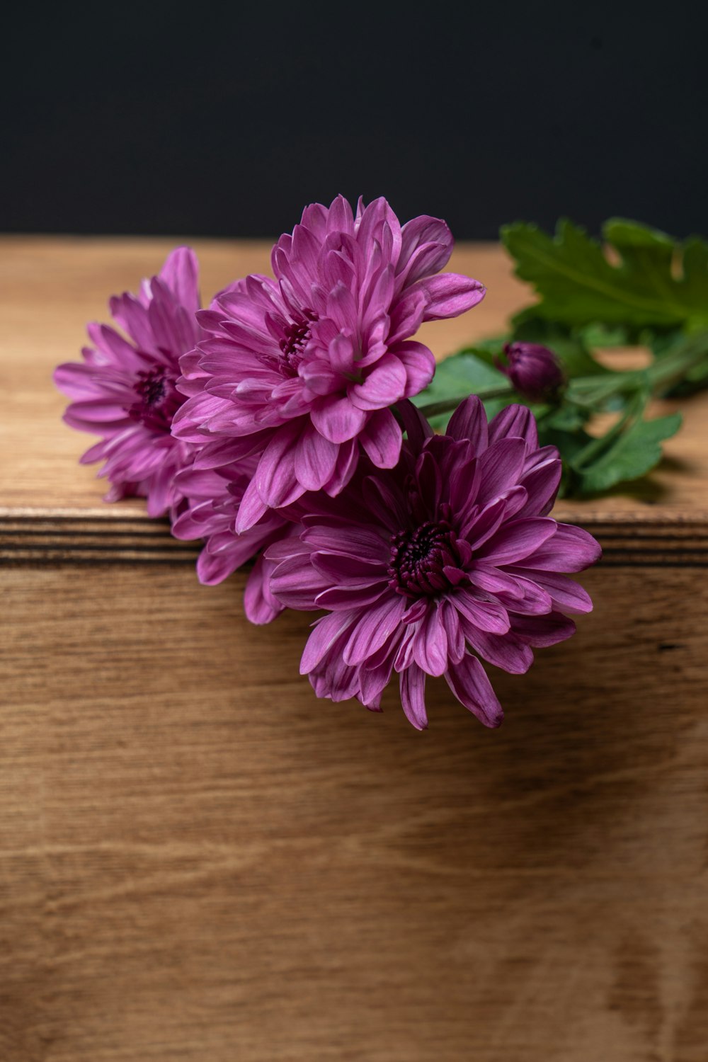 a bunch of purple flowers sitting on top of a wooden box