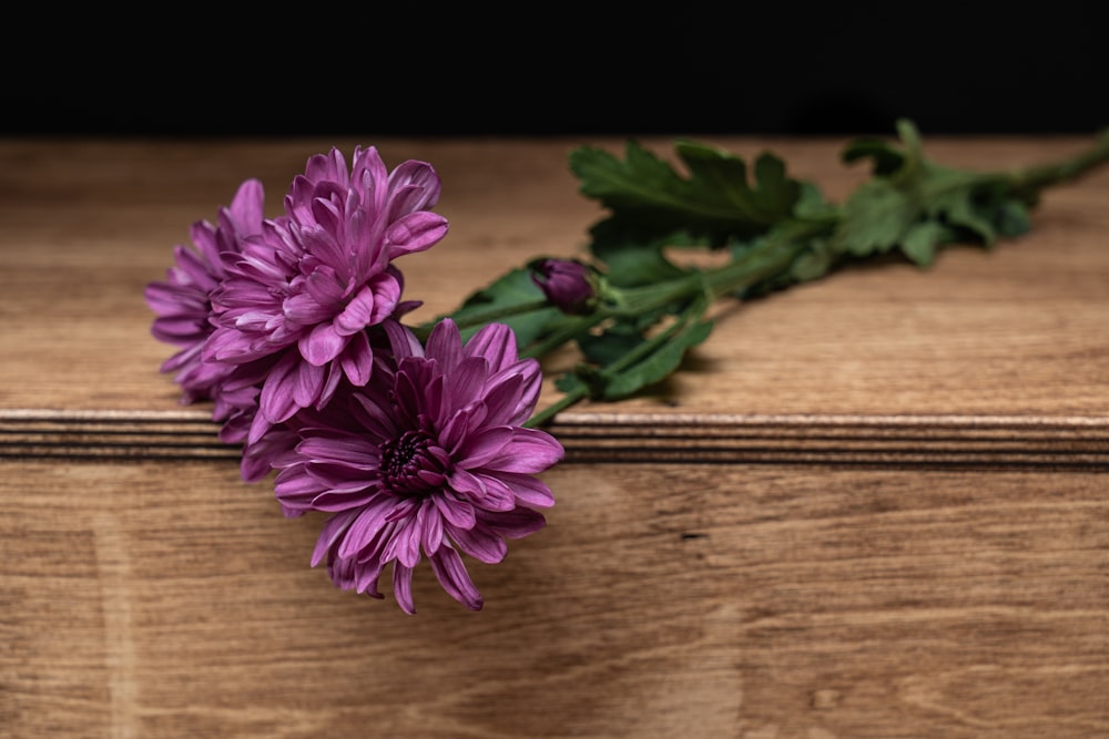 Un ramo de flores púrpuras sentado encima de una caja de madera