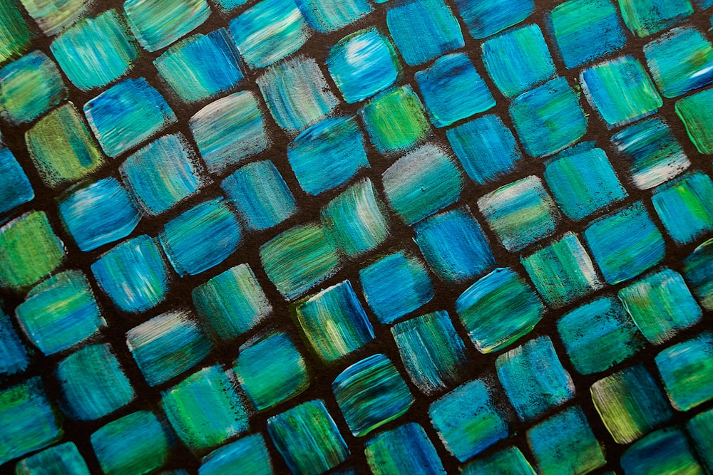 a painting of blue and green squares on a black background