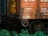 A rust-colored freight train car with various numbers and letters painted on its surface. The car's wheel and a metal crank are visible, along with a patch of lush greenery growing beneath. The adjacent train car is darker in color, and a hint of an old brick wall and debris can be seen in the background.