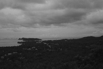A grayscale landscape view with dense clouds covering most of the sky. Below, a vast expanse of darkened terrain stretches out, with a few visible structures scattered across the landscape. In the distance, a shoreline curves around a body of water, and landforms are faintly visible on the horizon.