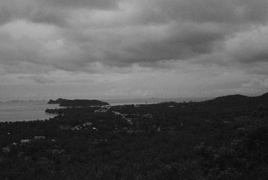 A grayscale landscape view with dense clouds covering most of the sky. Below, a vast expanse of darkened terrain stretches out, with a few visible structures scattered across the landscape. In the distance, a shoreline curves around a body of water, and landforms are faintly visible on the horizon.