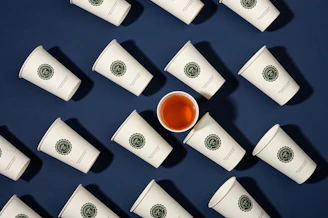 A variety of custom printed cups with sports team logos and vibrant colors.