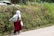 A person wearing a white hijab and a red uniform is walking along a road beside a grassy embankment. The person is carrying a large white backpack and holding a plastic bag in their hand. The setting appears to be rural, with greenery and vegetation surrounding the pathway.