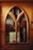 A wooden cabinet with an arched glass door reveals several books stacked inside. Prominent titles include works by Paul Coelho and National Geographic. The warm wood tones of the cabinet contribute to a cozy and inviting ambiance.
