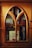 A wooden cabinet with an arched glass door reveals several books stacked inside. Prominent titles include works by Paul Coelho and National Geographic. The warm wood tones of the cabinet contribute to a cozy and inviting ambiance.