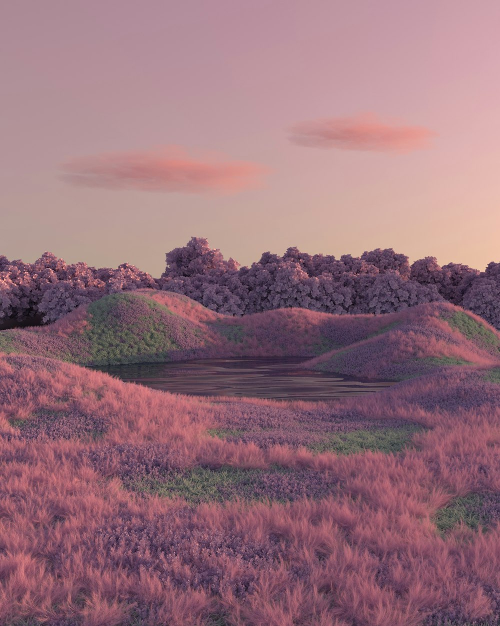 a field with purple flowers and trees in the background