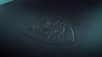 a close up of a logo on a black surface