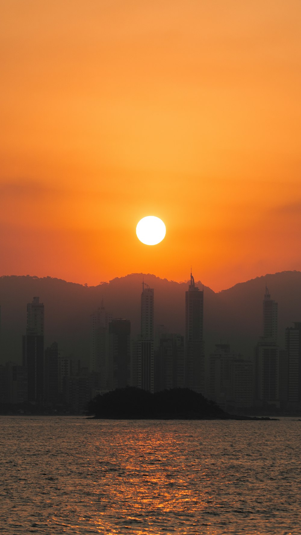 a large body of water with a city in the background