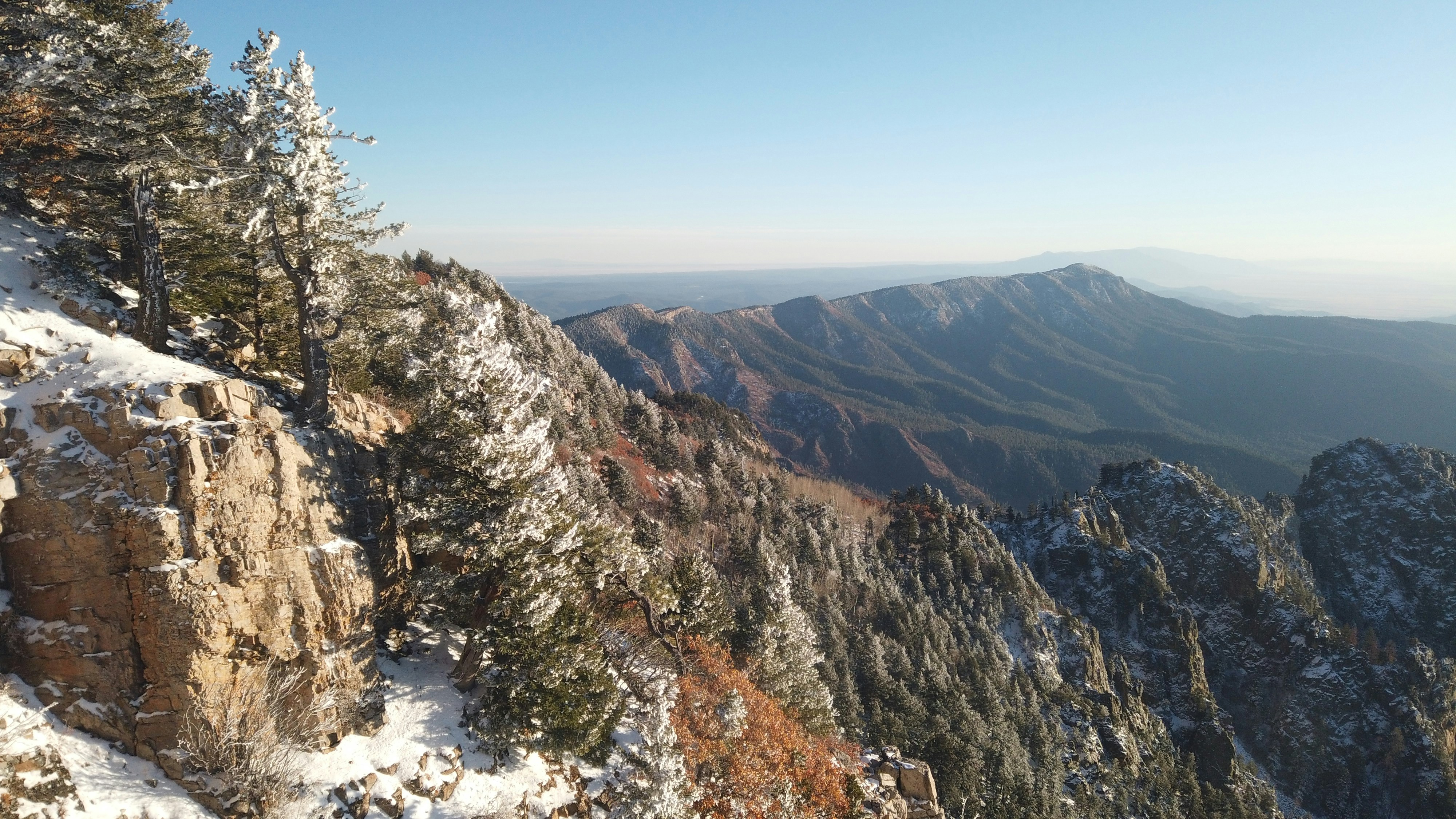 a view of a snowy mountain range with trees