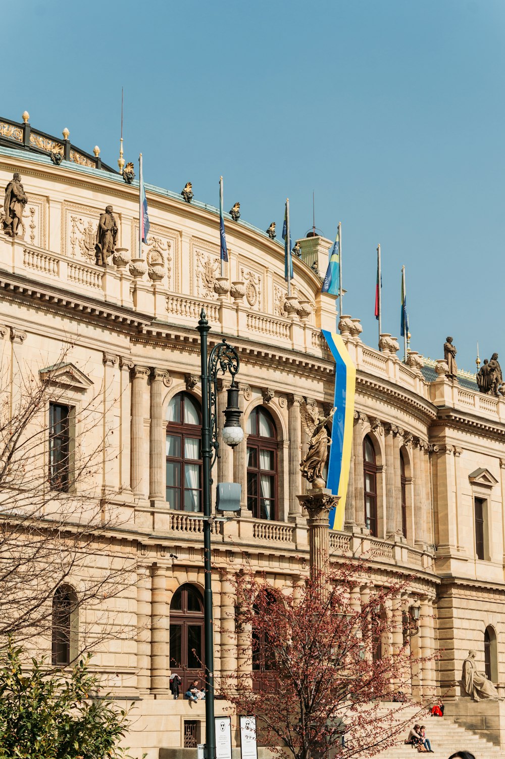 a large building with a flag on top of it