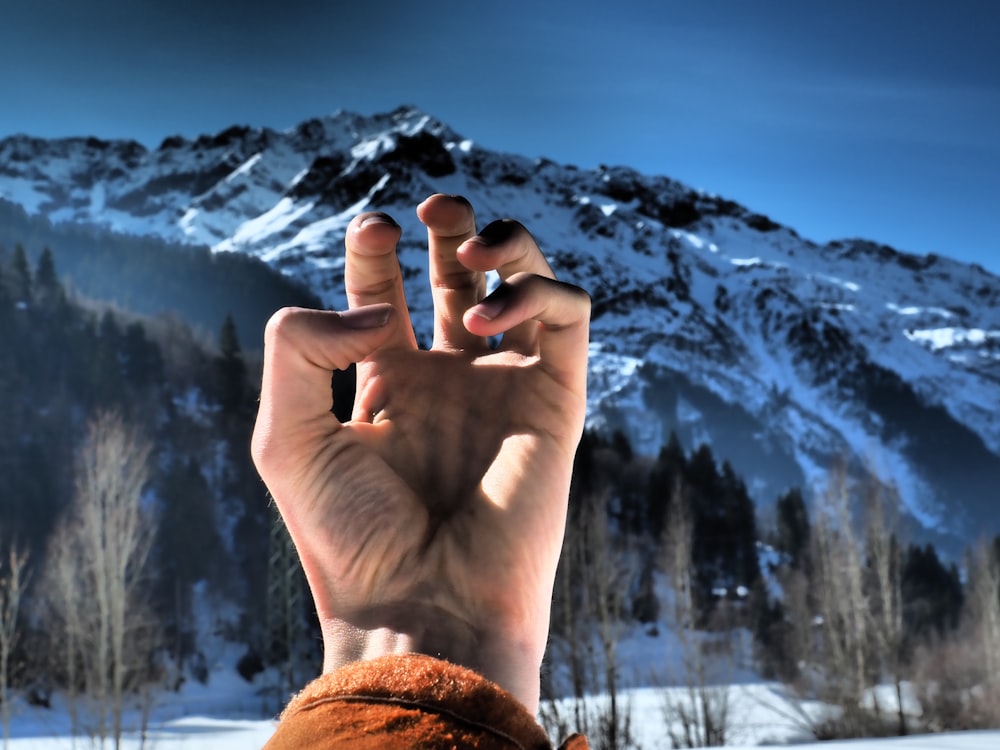 a person making a peace sign in front of a mountain