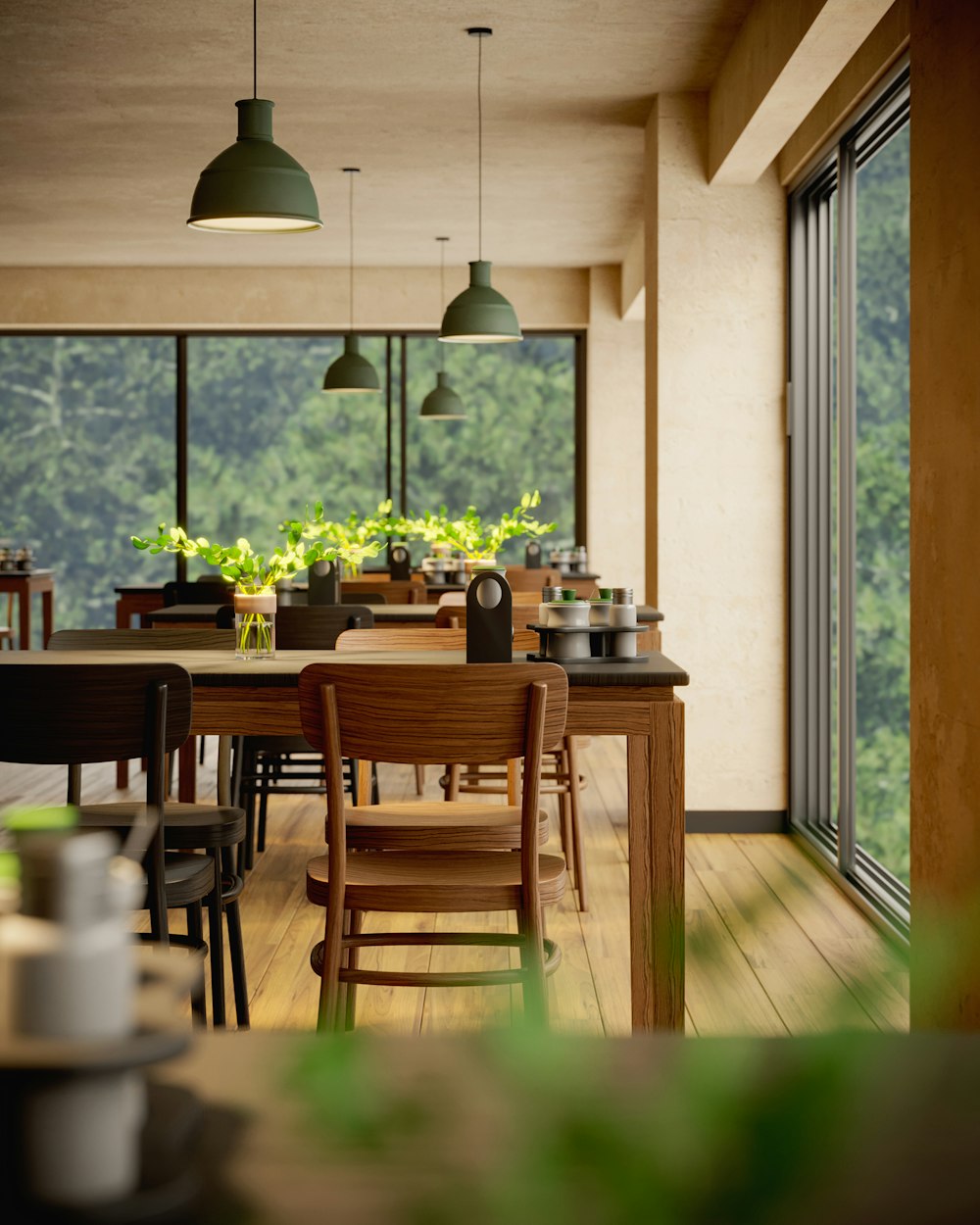 a dining room with a table and chairs