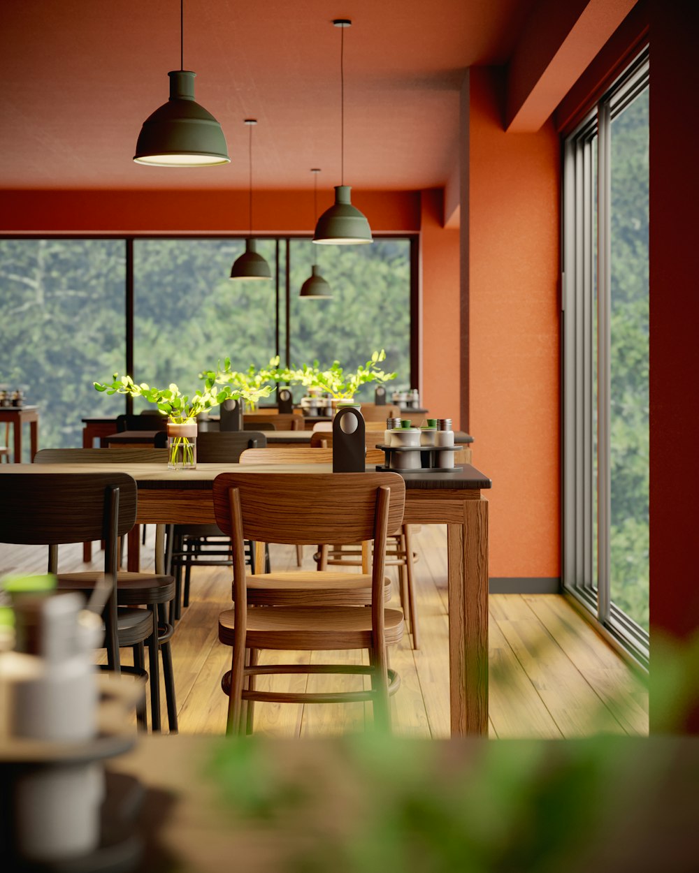 a dining room with a table and chairs