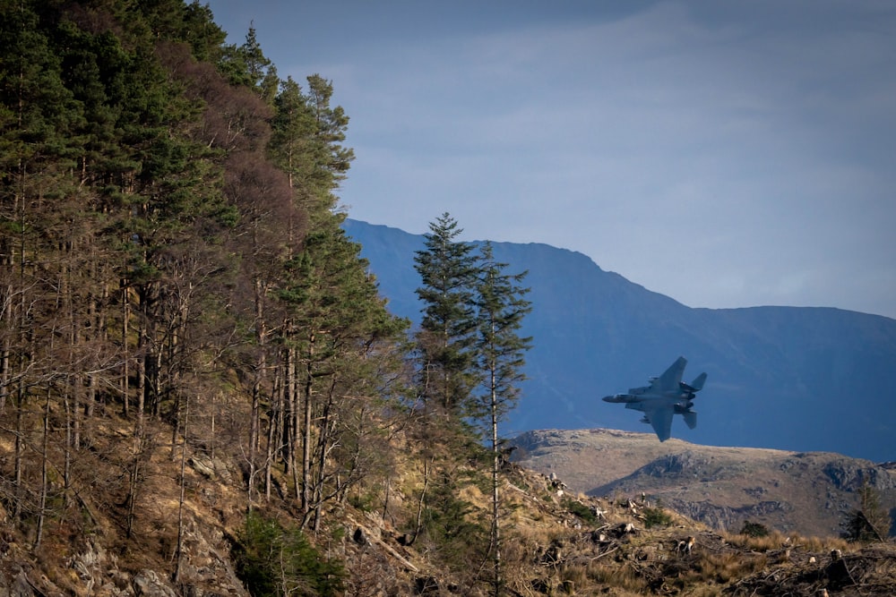 a fighter jet flying over a forest covered hillside