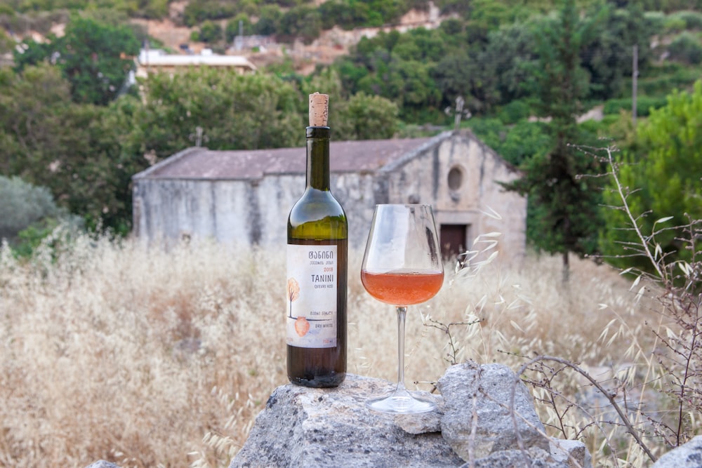 a bottle of wine sitting next to a glass of wine