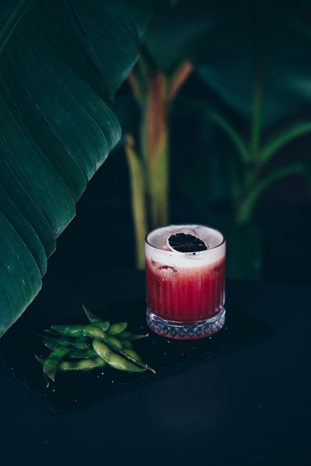 a small glass filled with liquid next to a plant