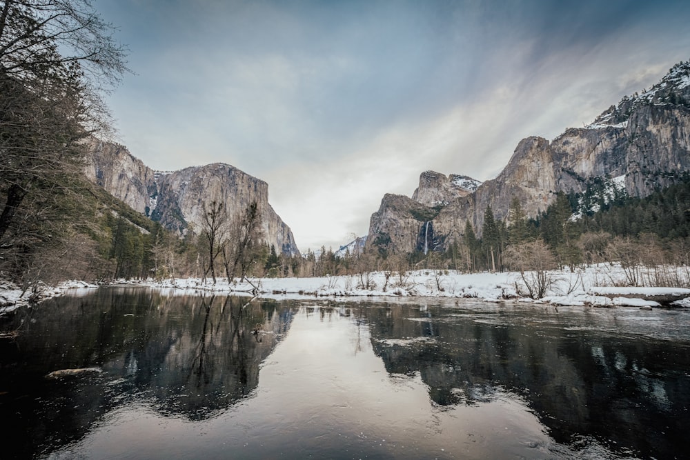 a river surrounded by snow covered mountains under a cloudy sky