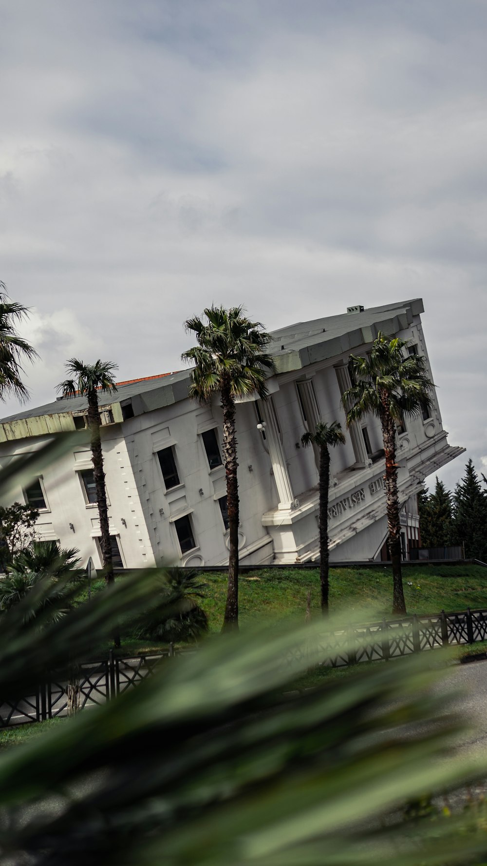 a building that has a bunch of palm trees in front of it