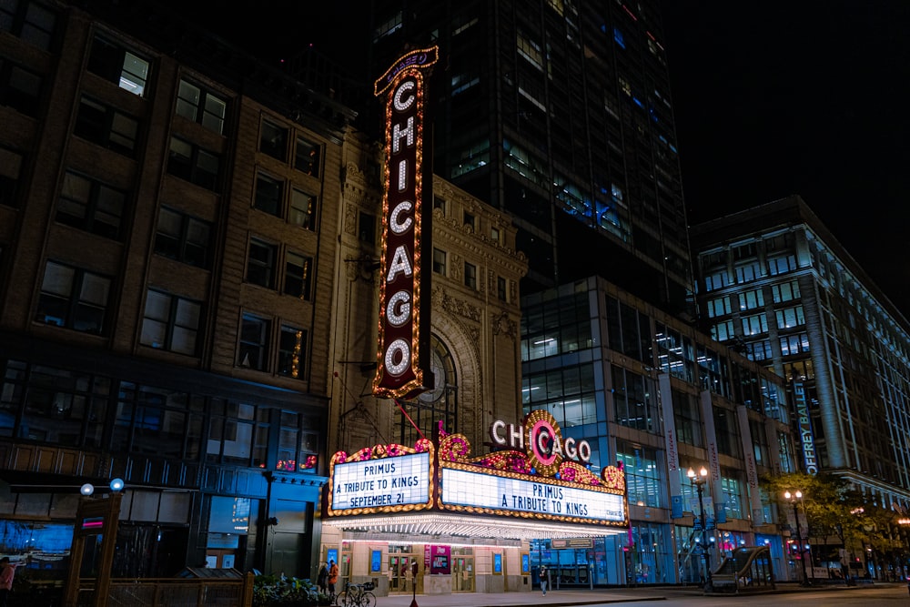 a chicago theater marquee lit up at night