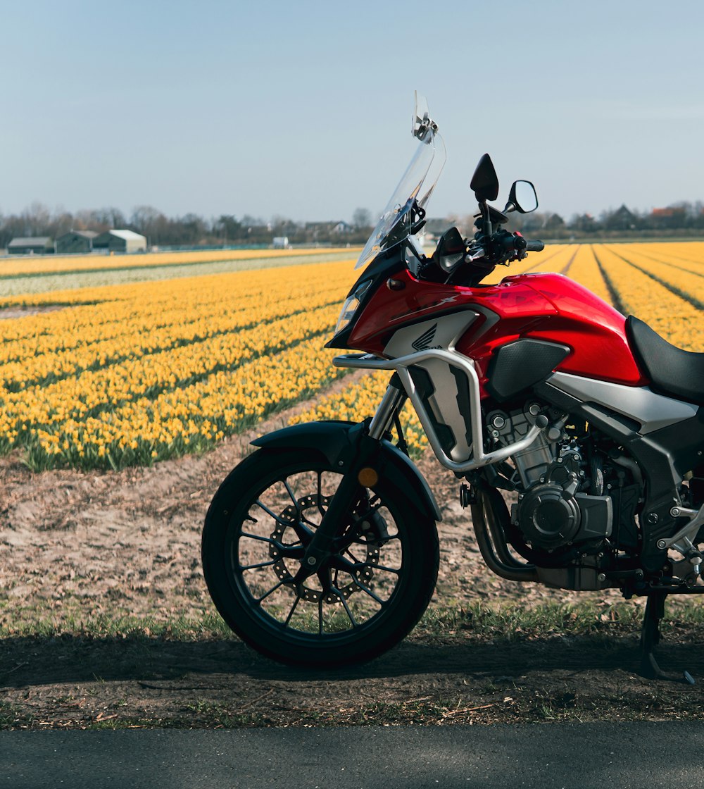 a red motorcycle parked in front of a field of yellow flowers